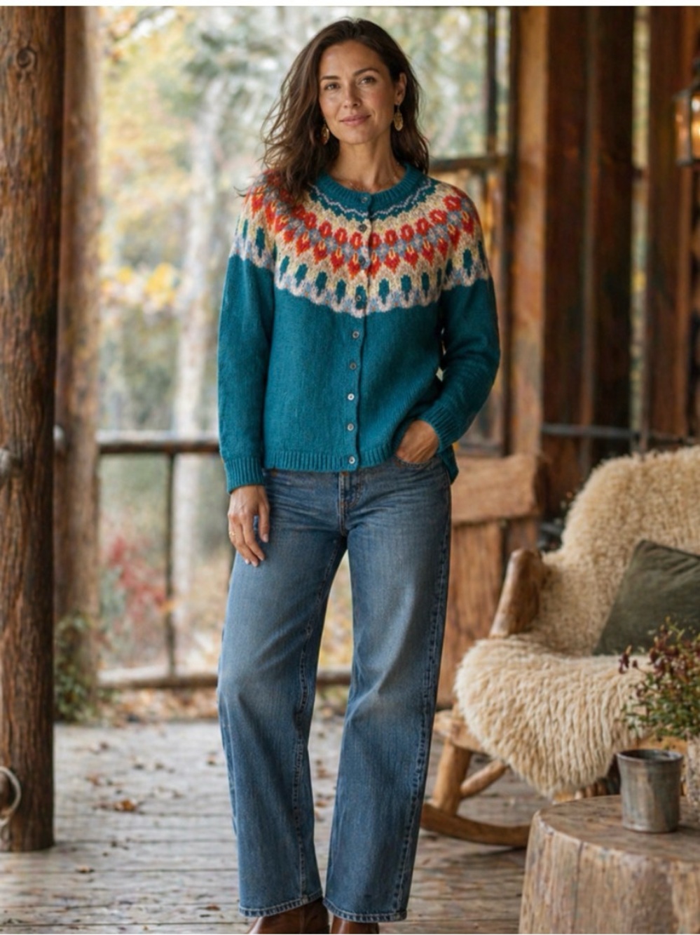 Sundance Teal Fair Isle Lambswool Crewneck Button Up Cardigan XL - Picture 2 of 10